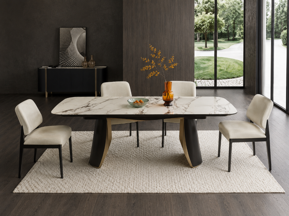 Dining room with a marble table and chairs in a modern interior setting.