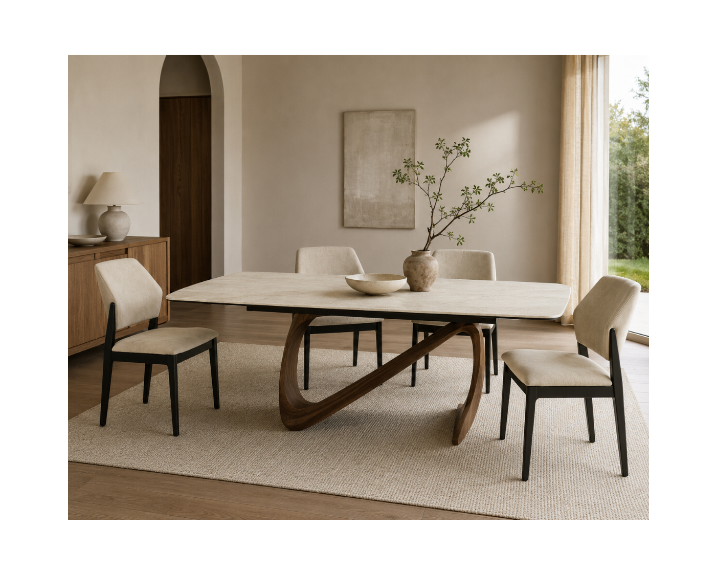 Dining room with a modern table and chairs in a well-lit room.