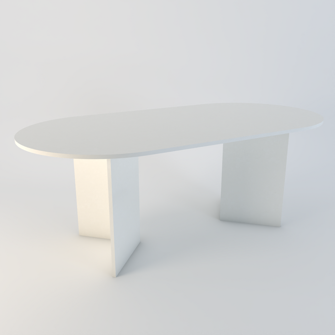 Amalfi bespoke stone dining table in Ammonite Ice quartz